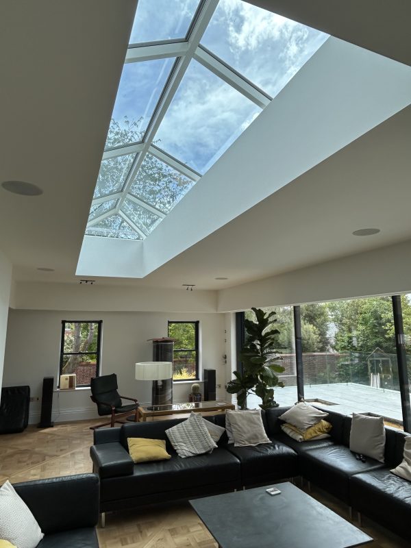 Sheerline S1 roof lantern and anthracite grey bifold doors installed by Riverside Bifolds Korniche roof lanterns
